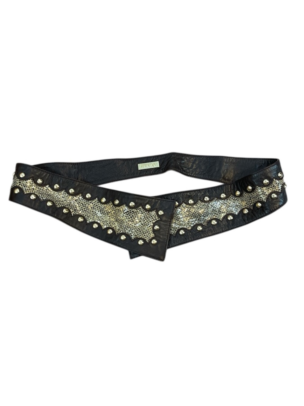 Treesje Brown Leather Waist Belt Metallic Snakeskin Detail Goldtone Studs